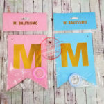 Banderin Mi Bautismo Con Stamping Dorado. Rosa y Celeste.