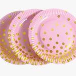 Plato Rosa Lunares Dorados  Polipapel de 17 cm Por 6 Unidades