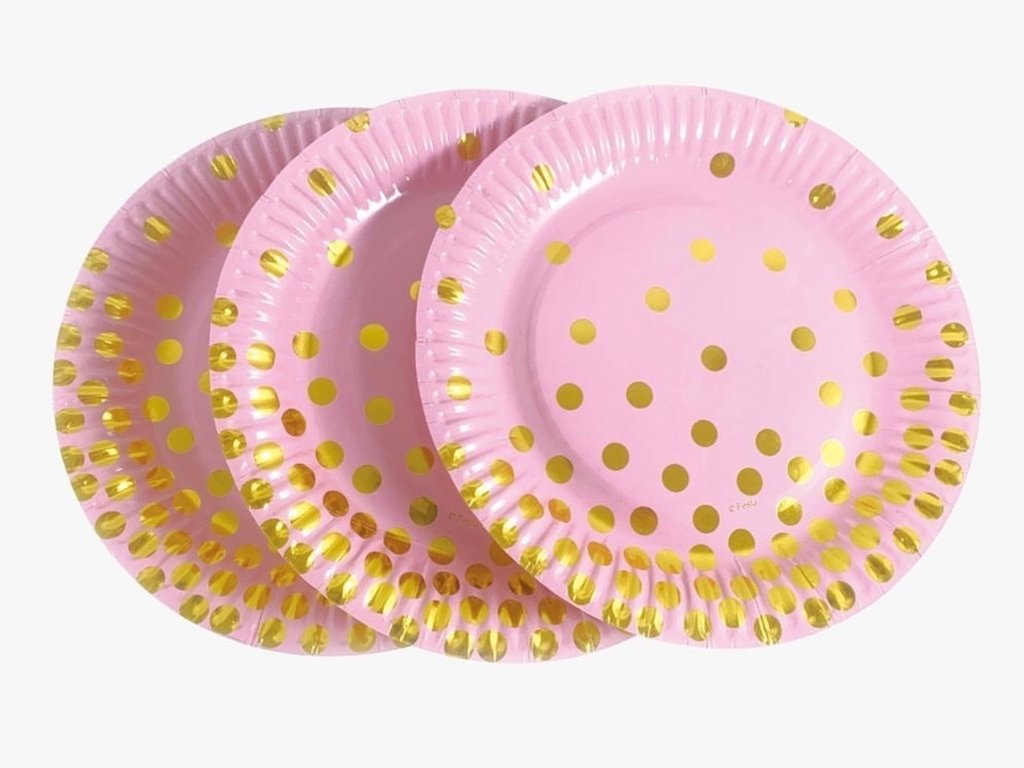 Set 8 platos cartón lunares rosa y dorado