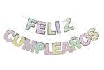 Banderin Feliz Cumpleaños Pastel Multicolor Letra Troquelada Borde Dorado.