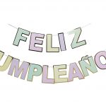Banderin Feliz Cumpleaños Pastel Multicolor Letra Troquelada Borde Dorado.