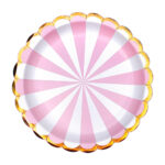 Platos de Polipapel Ruleta Rosa Pastel y Blanco Borde Stamping Dorado x 8