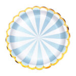 Platos de Polipapel Ruleta Celeste Pastel y Blanco Borde Stamping Dorado x 8