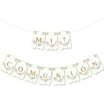 Banderin MI COMUNION Hojas de Olivo  con Stamping Dorado