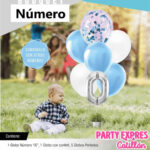 Set Globo BOUQUET NUMERO GLOBOS FOIL Y PERLADOS LISOS y CONFETTI X 7. Gama Celeste Blanco y Plata.