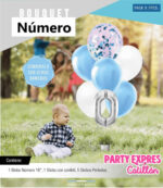 Set Globo BOUQUET NUMERO GLOBOS FOIL Y PERLADOS LISOS y CONFETTI X 7. Gama Celeste Blanco y Plata.