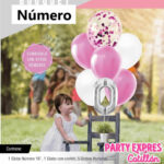 Set Globo BOUQUET NUMERO GLOBOS FOIL Y PERLADOS LISOS y CONFETTI X 7. Gama Rosa Blanco y Plata.