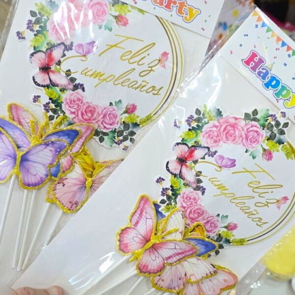 Cake Topper FELIZ CUMPLEAÑOS VINTAGE FLORES Y MARIPOSAS.