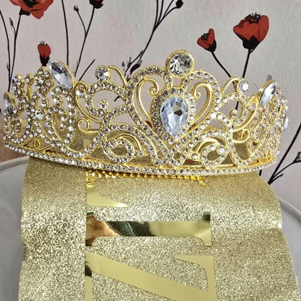Set CORONA METAL STRASS CORAZON DIAMANTE + FAJA DE FC A TONO. Dorado Plata o GoldRose.