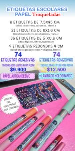 Etiquetas Escolares Para UTILES de PAPEL TROKELADAS. 74 Unidades. Puede Venir Papel Comun o Con LAMINADO HOLOGRAFICO.