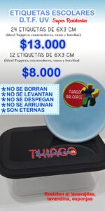 Etiquetas Escolares DTF UV SUPER RESISTENTES. Ideal Para Luncheras Botellas Vasos etc.. Vienen 12 o 24 Unidades de 6x3 cm.
