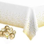 Mantel Plastico Descartable Premiun Blanco con Lunares Dorados . No es Stamping. Mide 1.37x1.83 mts.  REUSABLE