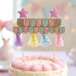 Topper FELIZ CUMPLEAÑOS Banderin con Guirnaldas Pasteles  y Estrellas