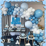 Set de Globo XL: ARCADA DE GLOBOS  CELESTE BLANCOS Y PLATA  . 156 Piezas.