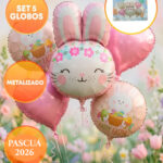 Set Globos Metalizados CONEJO FLORES con CACHETES ROSAS x 5