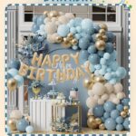 Set de Globo XL: ARCADA DE GLOBOS HAPPY BIRTHDAY GAMA DE CELESTES . 118 Piezas.