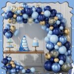 Set de Globo XL: ARCADA DE GLOBOS AZUL CELESTE Y DORADOS CON CONFETTI . 127 Piezas.