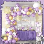 Set de Globo XL: ARCADA DE GLOBOS VIOLETA CON BLANCOY DORADO CON CONFETTI. 105 Piezas.