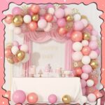 Set de Globo XL: ARCADA DE GLOBOS ROSAS BLANCOS Y DORADOS CON CONFETTI. 142 Piezas.