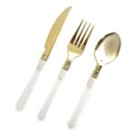 Set de Cubiertos Descartables PREMIUN Mango Blanco con Dorado X16 Unidades