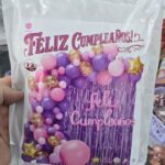 Set de Globo XL Completo. CORTINA FC Y ARCO ORGANICO GAMA VIOLETAS Y ROSAS 72 Piezas.