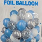 Set GLOBOS X 30 Unidades CHROMO CONFETTI Y PERLADOS : Gama Celeste Plateado y Blanco)
