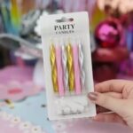 SET DE VELAS GLAM X 6 CON PORTAVELA DORADA/ROSAS CELESTE /PLATA