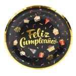 Platos Polipapel FELIZ CUMPLEAÑOS NEGROS con Stamping Dorado x 6