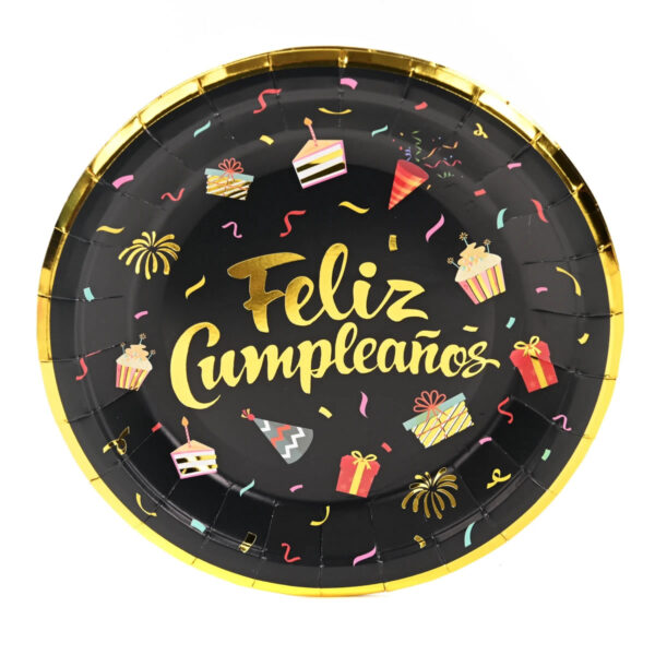 Platos Polipapel FELIZ CUMPLEAÑOS NEGROS con Stamping Dorado x 6