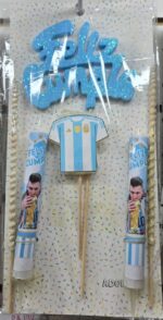 Set Adorno TORTA FUTBOL: Feliz Cumpleaños + 2 Bengalas + 2 velas + Camiseta Vela. Boca River o Argentina - Imagen 2