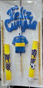Set Adorno TORTA FUTBOL: Feliz Cumpleaños + 2 Bengalas + 2 velas + Camiseta Vela. Boca River o Argentina - Imagen 4