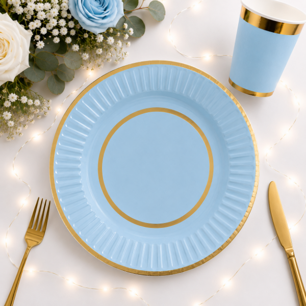 1e6c17dd3fab074eef2d58aa37e0aaee658fd68f4b79fb90ff65618eacffc0fb202679 Plato Doble Borde Dorado Celeste Pastel 23 cm Trae 10 Unidades. - Imagen 1
