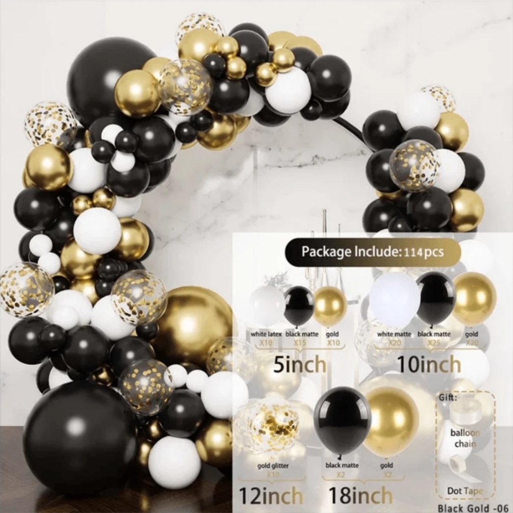 WhatsApp Image 2026-07-01 at 12.46.09 SET DE GLOBO ARCO DORADO NEGRO Y BLANCO 117 PIEZAS. - Imagen 1