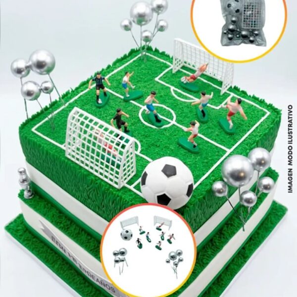 SET CAKE TOPPER FUTBOL 27 PIEZAS CON ESFERAS PLATEADAS