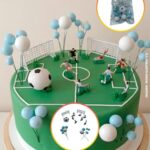 SET CAKE TOPPER FUTBOL 27 PIEZAS CON ESFERAS CELESTES.