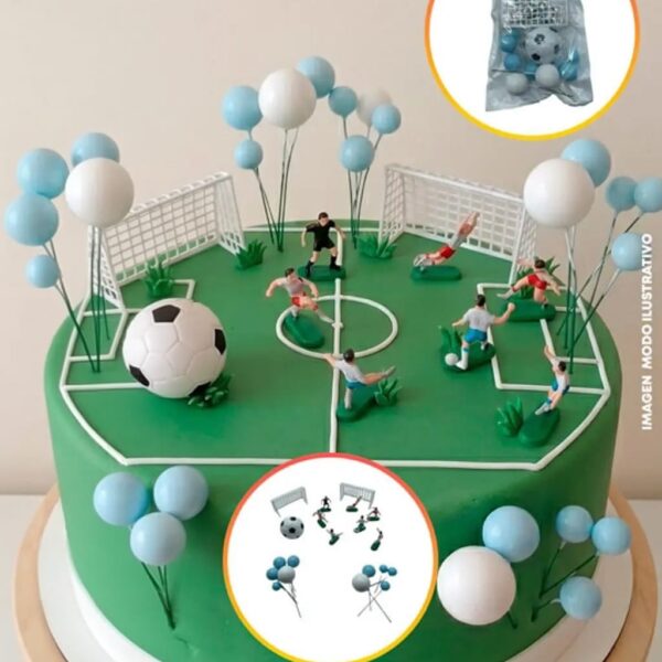 SET CAKE TOPPER FUTBOL 27 PIEZAS CON ESFERAS CELESTES.