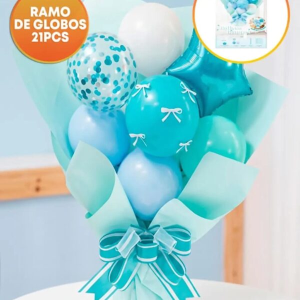 SET DE GLOBOS RAMO 21 PIEZAS. GLOBOS + PAPEL: CELESTE  Y BLANCO.