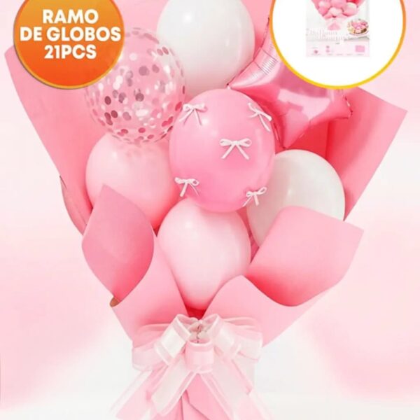 SET DE GLOBOS RAMO 21 PIEZAS. GLOBOS + PAPEL: ROSA Y BLANCO.
