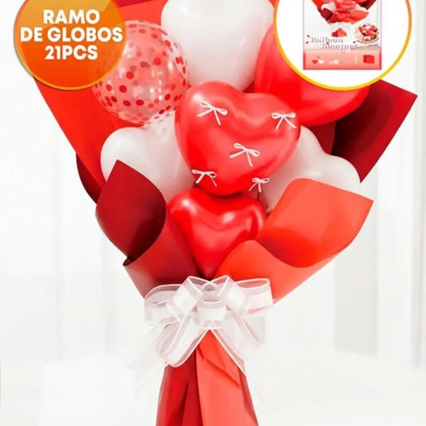 SET DE GLOBOS RAMO 21 PIEZAS. GLOBOS + PAPEL: ROJO Y BLANCO.