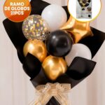 SET DE GLOBOS RAMO 21 PIEZAS. GLOBOS + PAPEL: DORADO NEGRO Y BLANCO.