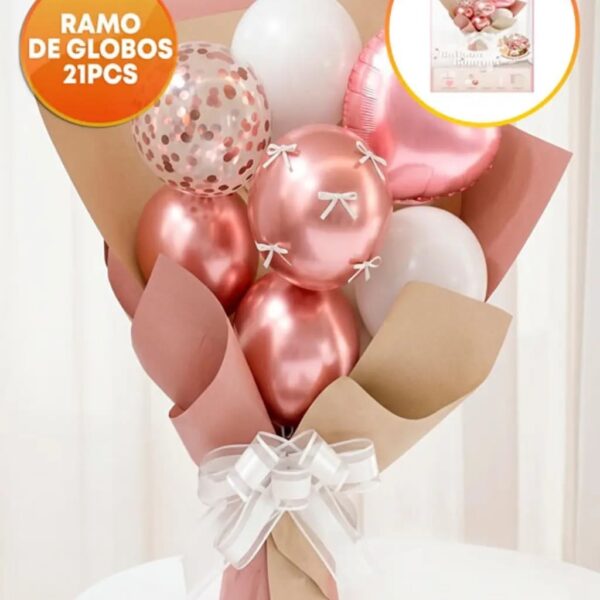 SET DE GLOBOS RAMO 21 PIEZAS. GLOBOS + PAPEL: GOLD ROSE Y BLANCO.