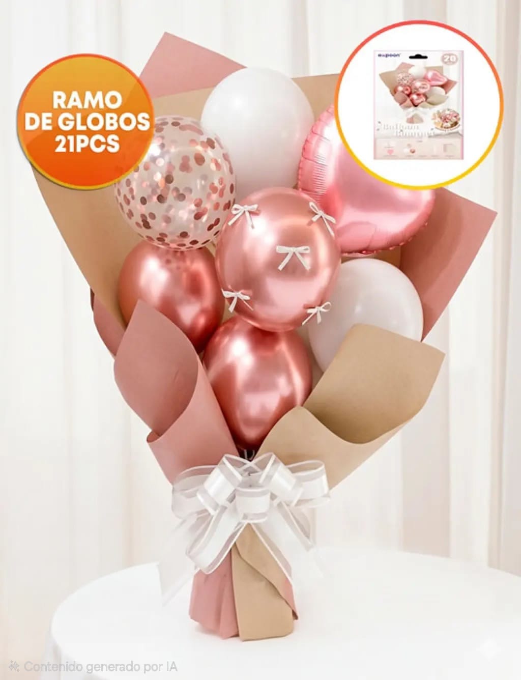 WhatsApp Image 2026-07-02 at 13.13.46 SET DE GLOBOS RAMO 21 PIEZAS. GLOBOS + PAPEL: GOLD ROSE Y BLANCO. - Imagen 1