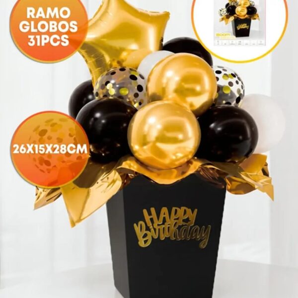 SET DE GLOBOS CAJA HAPPY BIRTHDAY RAMO 31 PIEZAS. Mide 26cm x 15cm x 18cm: NEGRO Y DORADO
