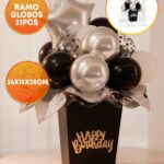 SET DE GLOBOS CAJA HAPPY BIRTHDAY RAMO 31 PIEZAS. Mide 26cm x 15cm x 18cm: NEGRO Y PLATEADO