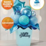 SET DE GLOBOS CAJA HAPPY BIRTHDAY RAMO 31 PIEZAS. Mide 26cm x 15cm x 18cm: AZUL Y CELESTE