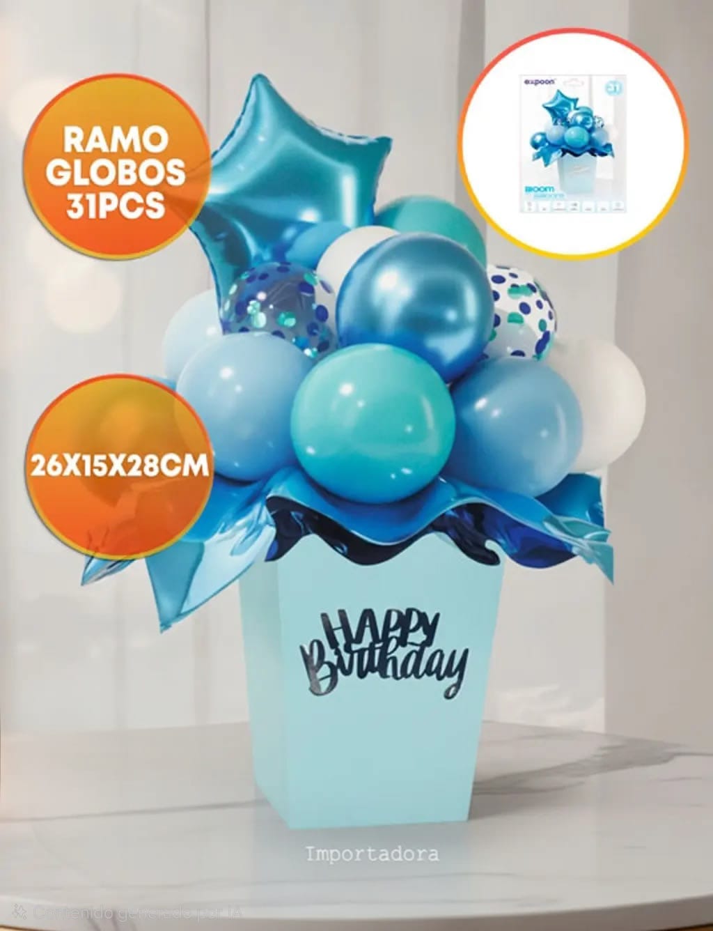 WhatsApp Image 2026-07-02 at 13.20.24 (2) SET DE GLOBOS CAJA HAPPY BIRTHDAY RAMO 31 PIEZAS. Mide 26cm x 15cm x 18cm: AZUL Y CELESTE - Imagen 1