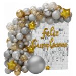 Set de Globo XL:  72 Piezas  ARCO ORGANICO FC +CORTINA SHIMMER PLATEADO