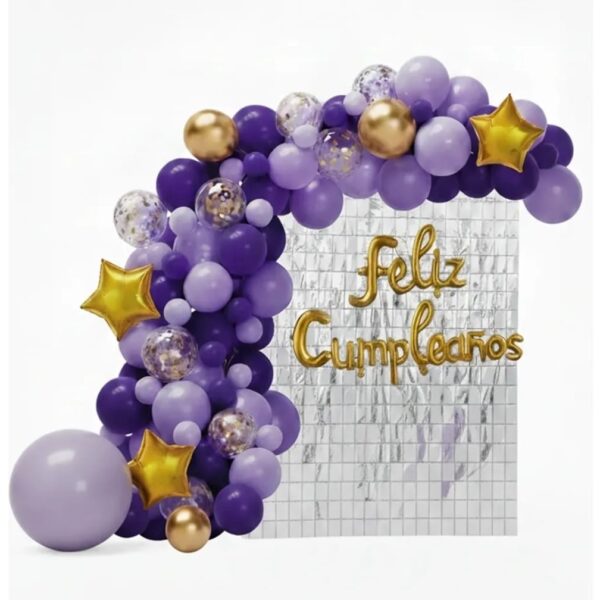 Set de Globo XL: 72 Piezas ARCO ORGANICO FC +CORTINA SHIMMER LILA Y VIOLETA