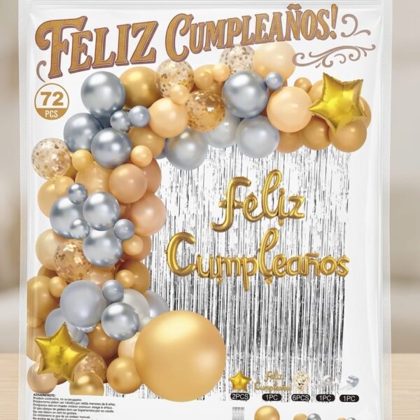 Set de Globo XL:  72 Piezas  ARCO ORGANICO FC +CORTINA COMUN DORADO Y PLATEADO