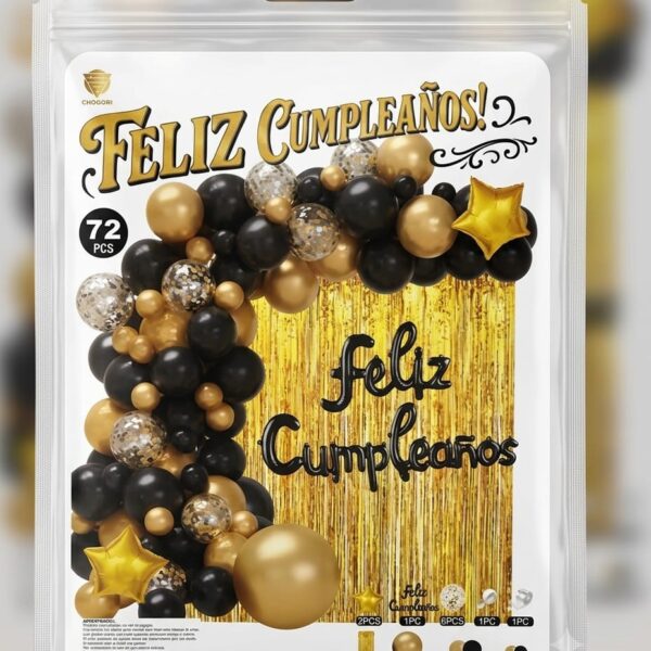 Set de Globo XL:  72 Piezas  ARCO ORGANICO FC +CORTINA COMUN NEGRO Y DORADO